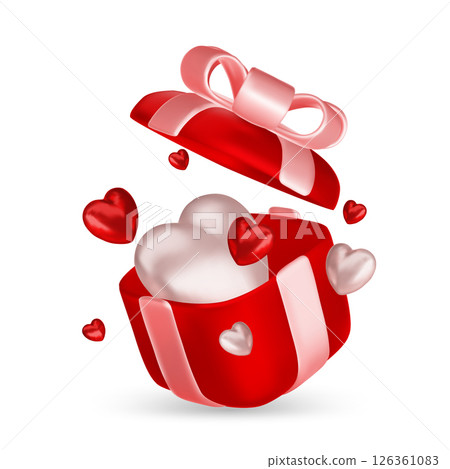 Valentine s day design. Realistic gifts boxes. Open gift box full of decorative festive object. Holiday banner, web poster, flyer, stylish brochure, greeting card, cover. Romantic background 126361083