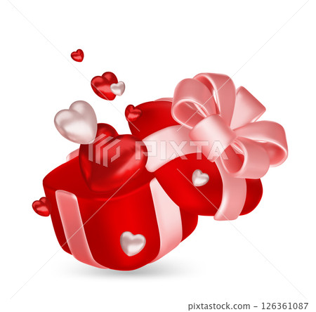 Valentine s day design. Realistic gifts boxes. Open gift box full of decorative festive object. Holiday banner, web poster, flyer, stylish brochure, greeting card, cover. Romantic background 126361087