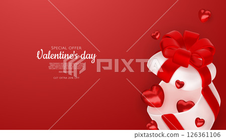 Valentine s day design. Realistic gifts boxes. Open gift box full of decorative festive object. Holiday banner, web poster, flyer, stylish brochure, greeting card, cover. Romantic background Valentine s day design. Realistic gifts boxes. Open gift box full of decorative festive object. Holiday banner, web poster, flyer, stylish brochure, greeting card, cover. Romantic background 126361106