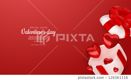 Valentine s day design. Realistic gifts boxes. Open gift box full of decorative festive object. Holiday banner, web poster, flyer, stylish brochure, greeting card, cover. Romantic background 126361116