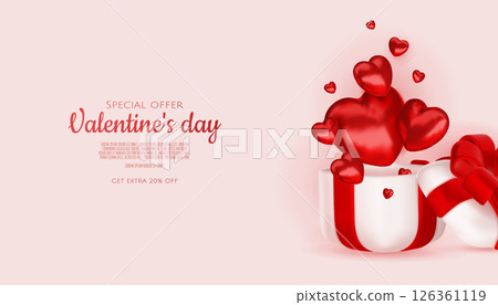 Valentine s day design. Realistic gifts boxes. Open gift box full of decorative festive object. Holiday banner, web poster, flyer, stylish brochure, greeting card, cover. Romantic background Valentine s day design. Realistic gifts boxes. Open gift box full of decorative festive object. Holiday banner, web poster, flyer, stylish brochure, greeting card, cover. Romantic background 126361119