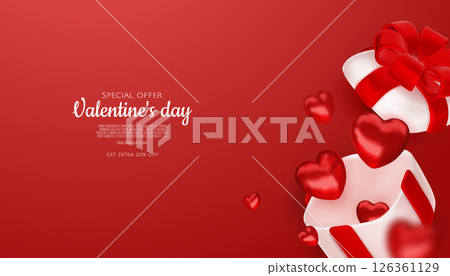 Valentines day sale vector banner template. Valentines day sale discount text with hearts elements in white pattern background. Vector illustration. 126361129