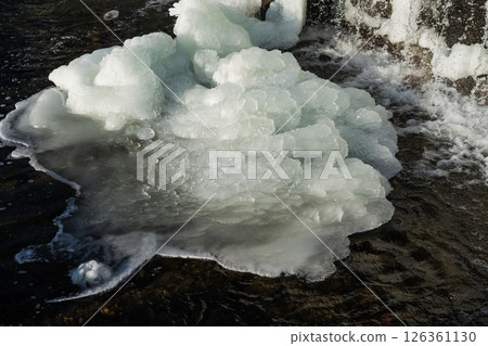 The ice is close. Background ice. Frozen waterfall in February morning 126361130
