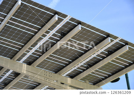 Solar photovoltaic panels mounted on metal frame for producing clean ecological electric energy. Renewable electricity with zero emission concept 126361209