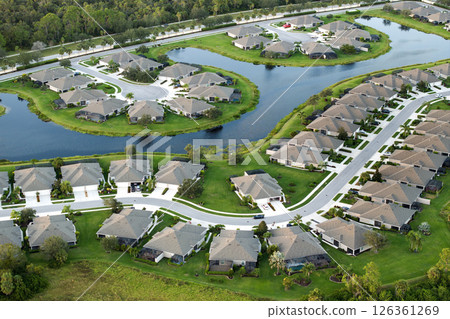 Residential neighborhood in Florida with suburban houses. Development of US premium housing 126361269