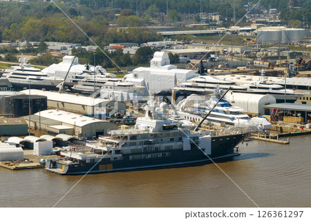 Production shipyard with deep sea luxury yachts under construction. Assembly and service of sea vessels in Savannah, Georgia, USA 126361297