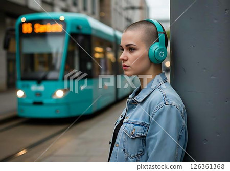Young Woman with Headphones in City 126361368