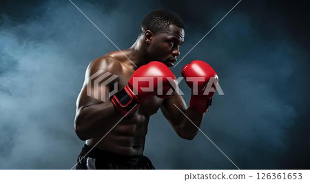 Powerful Boxer, Red Gloves, Dramatic Pose 126361653