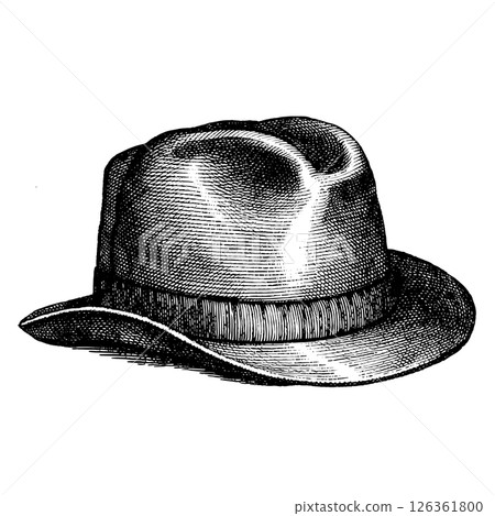 Hand drawn classic hat illustration in engraving style. Black vintage fedora isolated on white 126361800