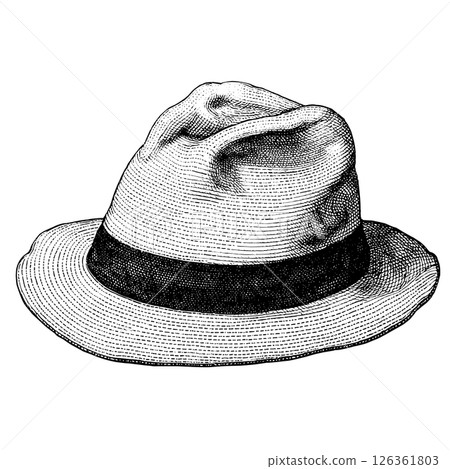Fedora hat in classic antique style. Black and White Outline Line Art Drawing with Detailed Design 126361803