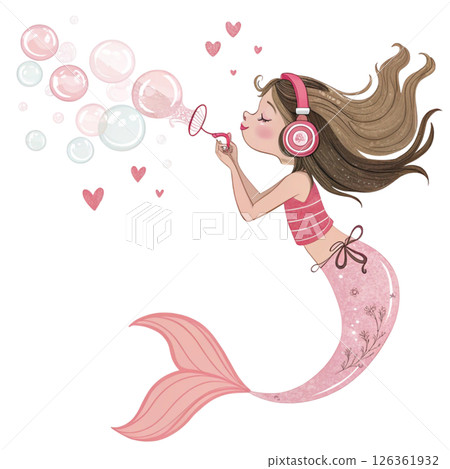 Cute mermaid  headphones Whimsical Hand-Drawn Love Clipart White Background 126361932