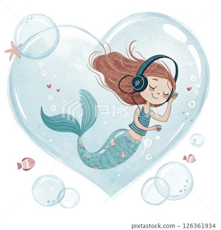 Cute mermaid  headphones Whimsical Hand-Drawn Love Clipart White Background 126361934