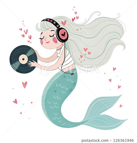 Cute mermaid  headphones Whimsical Hand-Drawn Love Clipart White Background 126361946