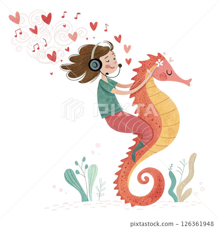 Cute mermaid  headphones Whimsical Hand-Drawn Love Clipart White Background 126361948