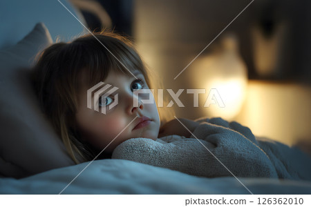 Sad little baby girl is lying in bed at home or hospital Sad little baby girl is lying in bed at home or hospital 126362010