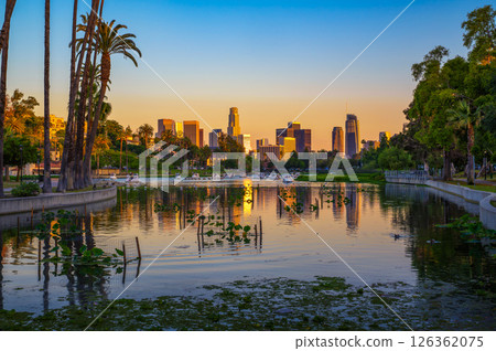 Los Angeles Downtown Skyline at Sunset from Echo Lake Park Los Angeles Downtown Skyline at Sunset from Echo Lake Park 126362075