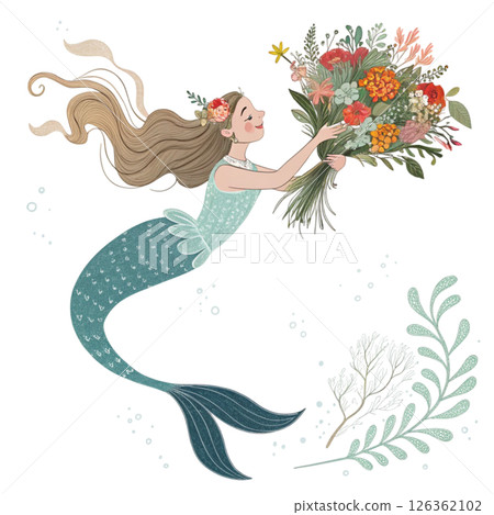 Cute mermaid  Holding a bouquet of flowers  Whimsical Hand-Drawn  Clipart Minimal  White Background 126362102