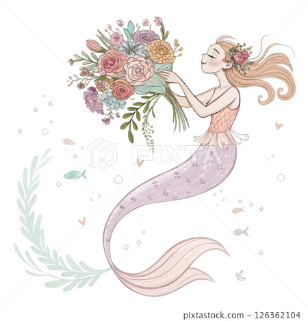 Cute mermaid  Holding a bouquet of flowers  Whimsical Hand-Drawn  Clipart Minimal  White Background 126362104