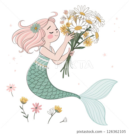 Cute mermaid  Holding a bouquet of flowers  Whimsical Hand-Drawn  Clipart Minimal  White Background 126362105
