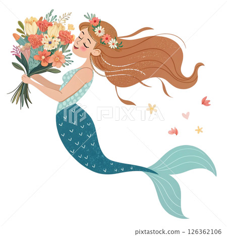 Cute mermaid  Holding a bouquet of flowers  Whimsical Hand-Drawn  Clipart Minimal  White Background 126362106