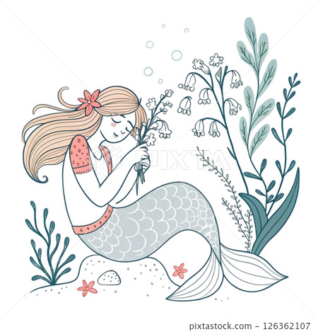 Cute mermaid  Holding a bouquet of flowers  Whimsical Hand-Drawn  Clipart Minimal  White Background 126362107