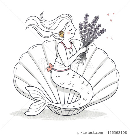 Cute mermaid  Holding a bouquet of flowers  Whimsical Hand-Drawn  Clipart Minimal  White Background 126362108