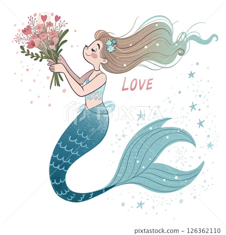 Cute mermaid  Holding a bouquet of flowers  Whimsical Hand-Drawn  Clipart Minimal  White Background 126362110