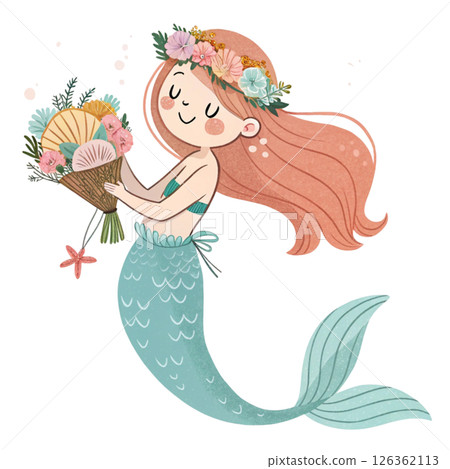 Cute mermaid  Holding a bouquet of flowers  Whimsical Hand-Drawn  Clipart Minimal  White Background 126362113