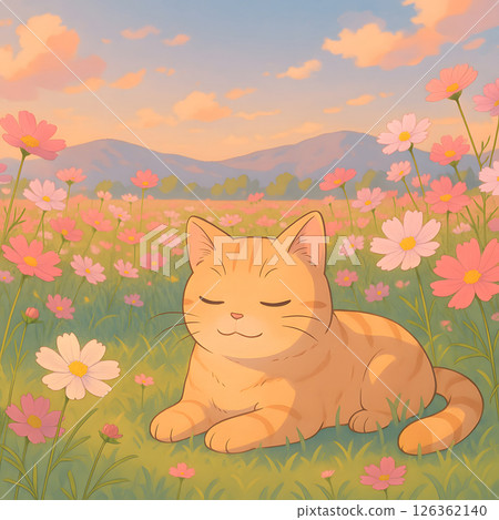 A cat relaxing in a cosmos field 126362140