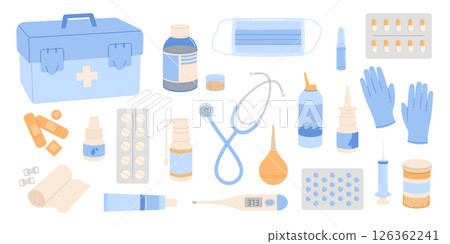 Medical set. Blisters with capsules, nasal spray, cough syrup, spray for sore throat. First aid. Flat vector isolated illustration 126362241