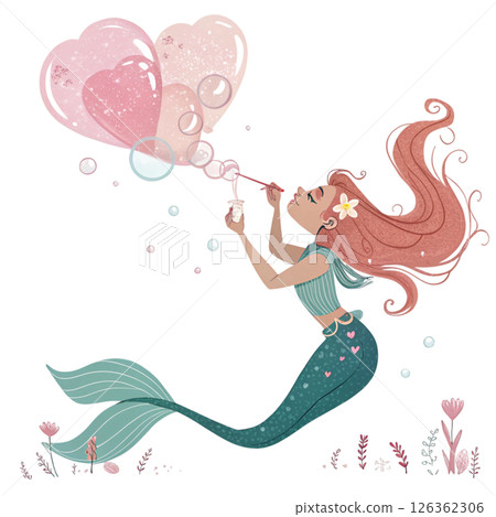 Cute mermaid Holding a 3 heart balloons Whimsical Hand-Drawn Clipart Minimal 126362306