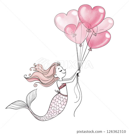 Cute mermaid Holding a 3 heart balloons Whimsical Hand-Drawn Clipart Minimal Cute mermaid Holding a 3 heart balloons Whimsical Hand-Drawn Clipart Minimal 126362310
