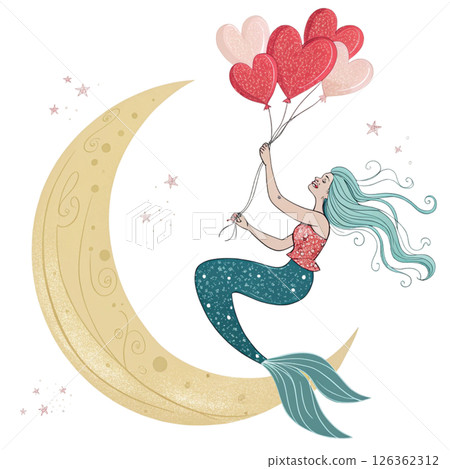 Cute mermaid Holding a 3 heart balloons Whimsical Hand-Drawn Clipart Minimal 126362312