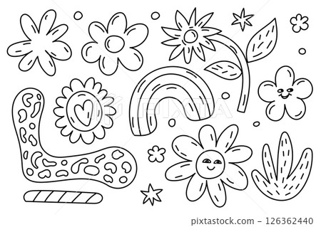 Delightful and Cute Doodle Patterns Featuring Beautiful Flowers, Colorful Rainbows, and Fun Shapes Delightful and Cute Doodle Patterns Featuring Beautiful Flowers, Colorful Rainbows, and Fun Shapes 126362440