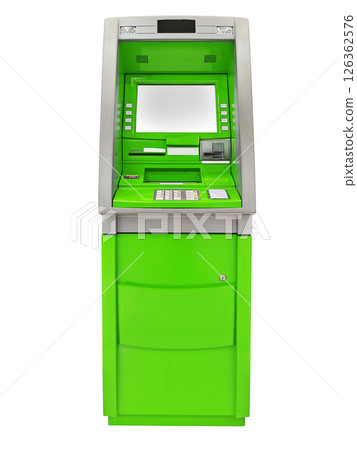 Green ATM, blank white screen for text entry, on white background. 126362576