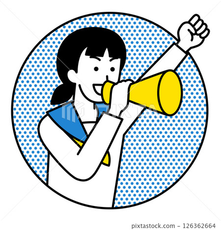 Female students jumping out of the circle to cheer with megaphones Female students jumping out of the circle to cheer with megaphones 126362664