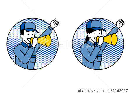 Set of men and women in overalls jumping out of a circle and cheering with a megaphone 126362667