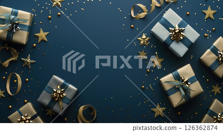 New Year banner. Christmas gift boxes tied with bows, balls, golden decorations. Season's greetings scene perfect for messages or promo. Xmas frame. Gifts on dark blue. Presents with stars, confetti 126362874