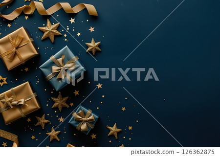 New Year banner. Christmas gift boxes tied with bows, balls, golden decorations. Season's greetings scene perfect for messages or promo. Xmas frame. Gifts on dark blue. Presents with stars, confetti 126362875