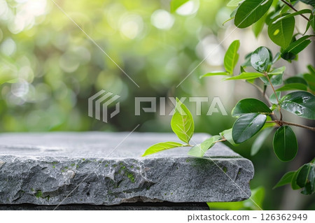 Empty gray stone tabletop counter, blur jungle tropics leaves. Contemporary backdrop for product presentation, podium, pedestal, blurred lush foliage. Showcase, display case. Minimal modern background 126362949