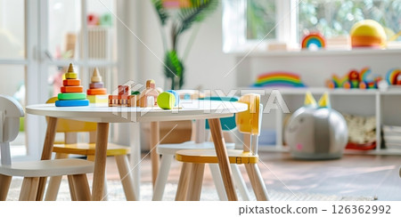 Interior Of Modern Kindergarten Classroom. Stylish playroom interior with shelving unit and different soft toys. Children's playroom. Plastic colorful educational blocks toys, white tables and chairs Interior Of Modern Kindergarten Classroom. Stylish playroom interior with shelving unit and different soft toys. Children's playroom. Plastic colorful educational blocks toys, white tables and chairs 126362992