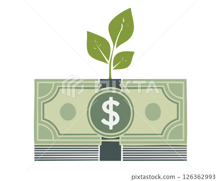 Minimal design showing a small plant growing from the center of a horizontal paper bill, symbolizing saving and sustainable wealth. Minimal design showing a small plant growing from the center of a horizontal paper bill, symbolizing saving and sustainable wealth. 126362993
