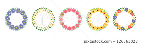 Set of flower frames. Wreath with flowers. Floral frame, hand drawn simple cute botanical round frame. 126363028