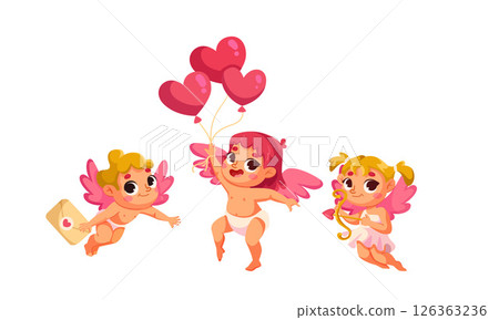 Adorable little Cupid characters holding heartshaped balloons and surrounded by musical notes Adorable little Cupid characters holding heartshaped balloons and surrounded by musical notes 126363236