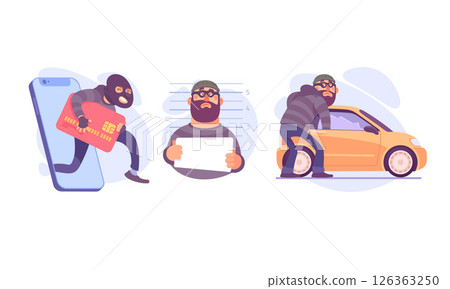 Illustrations focusing on Cyber Theft and Car Theft highlighting various aspects and themes 126363250