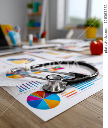 Stethoscope on White Table with Medical Charts in Bright Modern Office Closeup View 126363281