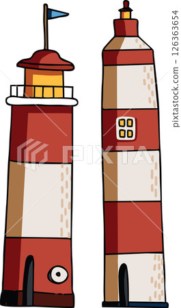 Simple decorative lighthouse. Hand drawn vector illustration of souvenir lighthouse with white and red stripes. Flat design of toy lighthouse. 126363654
