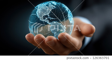 Businessman hand holding glowing globe with digital leaves, symbolizing sustainability 126363701
