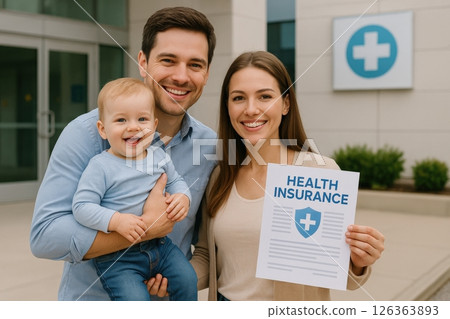 Family celebrates health insurance coverage outside a medical facility on a sunny day Family celebrates health insurance coverage outside a medical facility on a sunny day 126363893