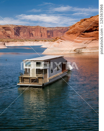 Generative AI Illustration House Boat on a Lake 126363966